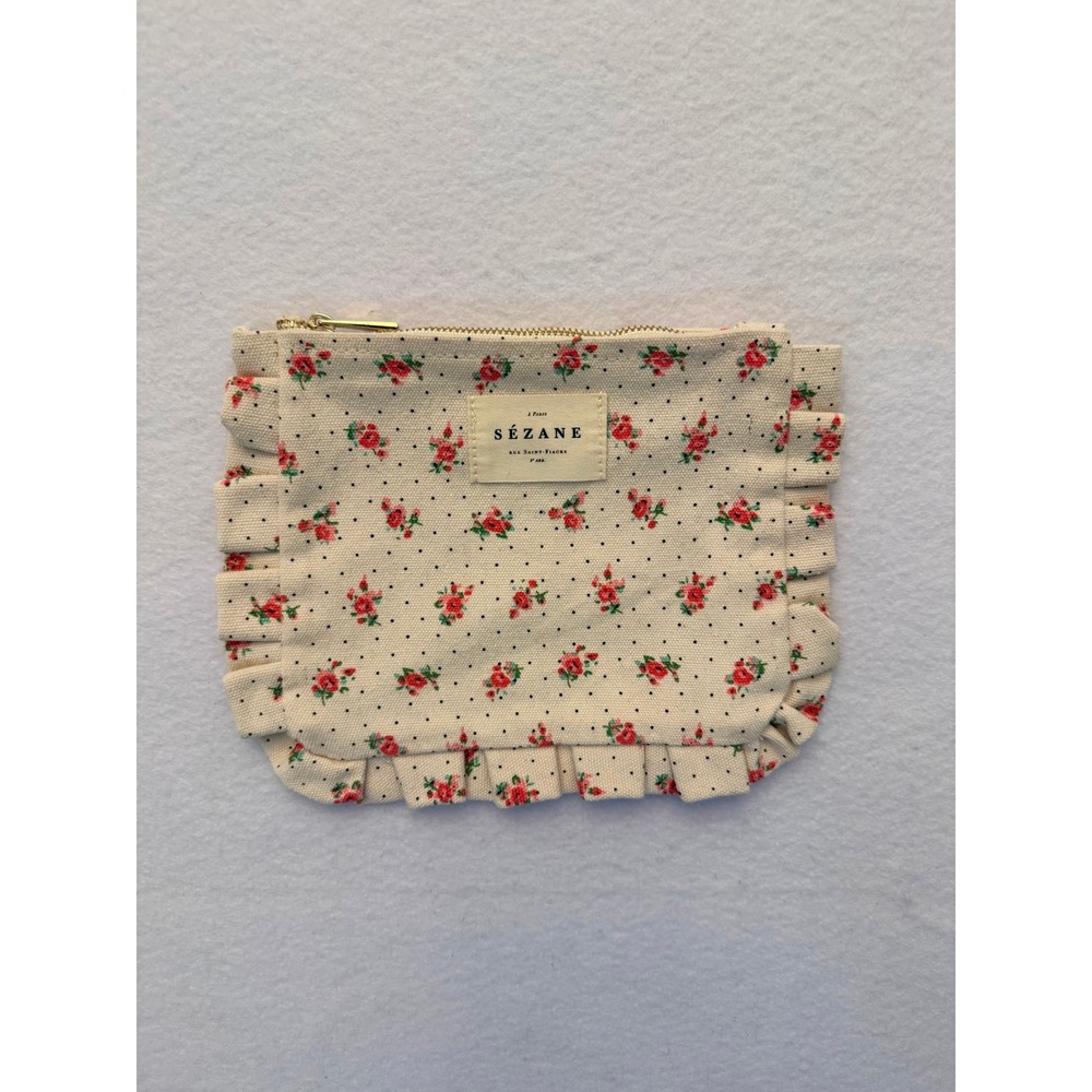 Sezane Floral Ruffle Makeup Pouch Cream Red Rose Polka Dot Canvas Zipper Bag